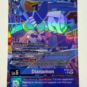 May include: A holographic Digimon trading card featuring the character Dianamon. The card displays a play cost of 12, 12000 DP, and level 6. The artwork shows a blue and white armoured figure with a sword. Text details game mechanics and abilities.