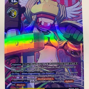 Peut inclure: Carte à collectionner Digimon holographique avec Minervamon, un Digimon Virus de niveau Mega. La carte a un coût de jeu de 12 et un DP de 12000. Le texte de la carte comprend les effets Digivolve, On Play et On Deletion. La carte est étiquetée BT24-041.