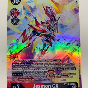 May include: A Jesmon GX Digimon card from the Digimon Trading Card Game. The card is a holographic card with a red, yellow, and blue design. The card features a large image of Jesmon GX, a powerful Digimon with a large, red, and yellow body. The card is surrounded by a white border with black text. The card's name, Jesmon GX, is printed in large, black letters at the bottom of the card. The card's text is printed in black letters on a white background. The card's number, BT10-112, is printed in the upper right corner of the card. The card's rarity, SEC, is printed in the lower right corner of the card.