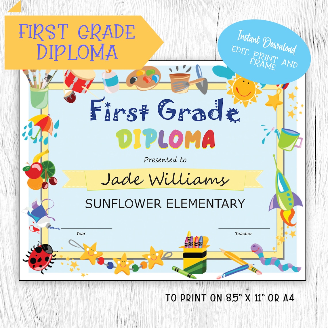 First Grade Diploma Printable &amp; Editable DIY Certificate Diploma ...