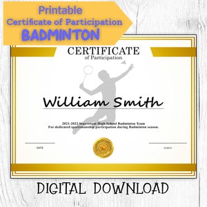 DIY bearbeitbare und druckbare Sportzertifikat Vorlage Badminton, Participation Award, personalisiertes Diplom Sport Award