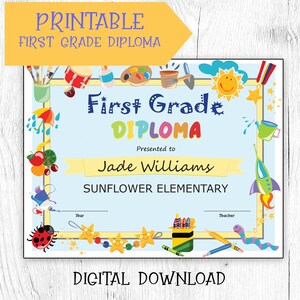 First Grade Diploma Printable & Editable DIY Certificate Diploma, Instant Download, Graduation Certificate Digital Download