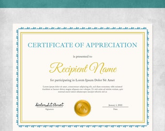 Certificate of Appreciation Editable Certificate Template, Achievement, Participation Award, Recognition, DIGITAL INSTANT DOWNLOAD