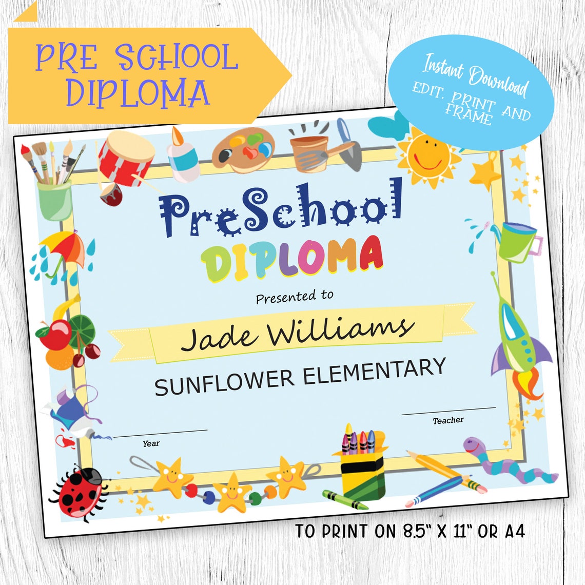 Preschool Diploma Printable & Editable DIY Certificate Diploma, Instant ...
