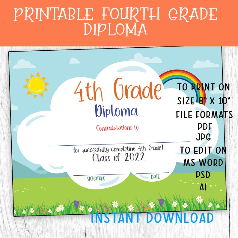 2022 Printable DIY Fourth Grade Certificate Diploma, Instant Download ...