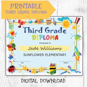 Diploma de tercer grado Imprimible y editable Diploma de certificado de bricolaje, Descarga instantánea, Descarga digital del certificado de graduación