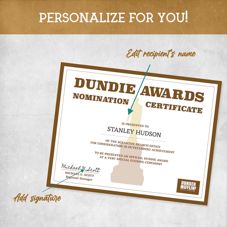 Dundie Awards Certificate Editable Certificate Template, Achievement ...