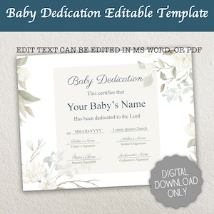 Certificado de dedicación de bebé, plantilla de certificado de dedicación editable, certificado de bautizo de bautismo, DESCARGA INSTANTÁNEA DIGITAL