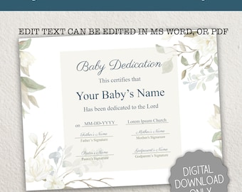 Baby Dedication Certificate, Editable Dedication Certificate Template, Baptism Christening Certificate, DIGITAL INSTANT DOWNLOAD