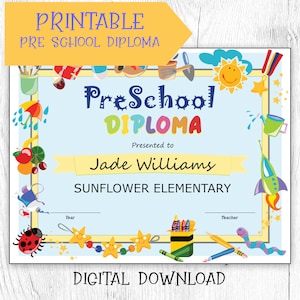 Diploma de preescolar Imprimible y editable Certificado de bricolaje Diploma, Descarga instantánea, Certificado de graduación Descarga digital