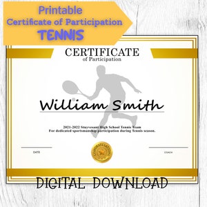 DIY Editable and Printable Sports Certificate Template Tennis, Participation Award, Personalized Diploma Sports Award
