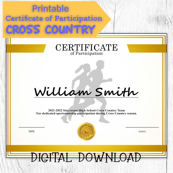 DIY Editable and Printable Sports Certificate Template Cross Country, Participation Award, Personalized Diploma Sports Award