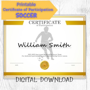 DIY Editable and Printable Sports Certificate Template Soccer, Participation Award, Personalized Diploma Sports Award
