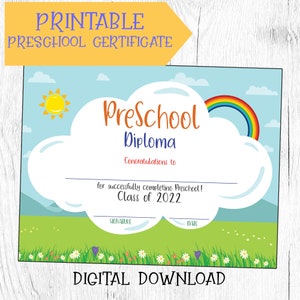 2022 Druckbares DIY Preschool Zertifikat Diplom, Sofortiger Download, Abschlusszertifikat Vorlage