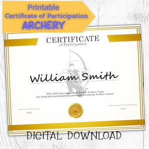 DIY Editable and Printable Sports Certificate Template Archery, Participation Award, Personalized Diploma Sports Award