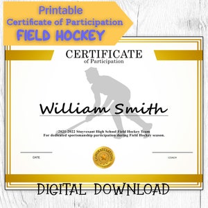 DIY bearbeitbare und druckbare Sportzertifikatvorlage Feldhockey, Teilnahmepreis, personalisierter Diplomsportpreis