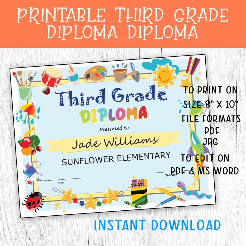 Third Grade Diploma Printable &amp; Editable DIY Certificate Diploma ...