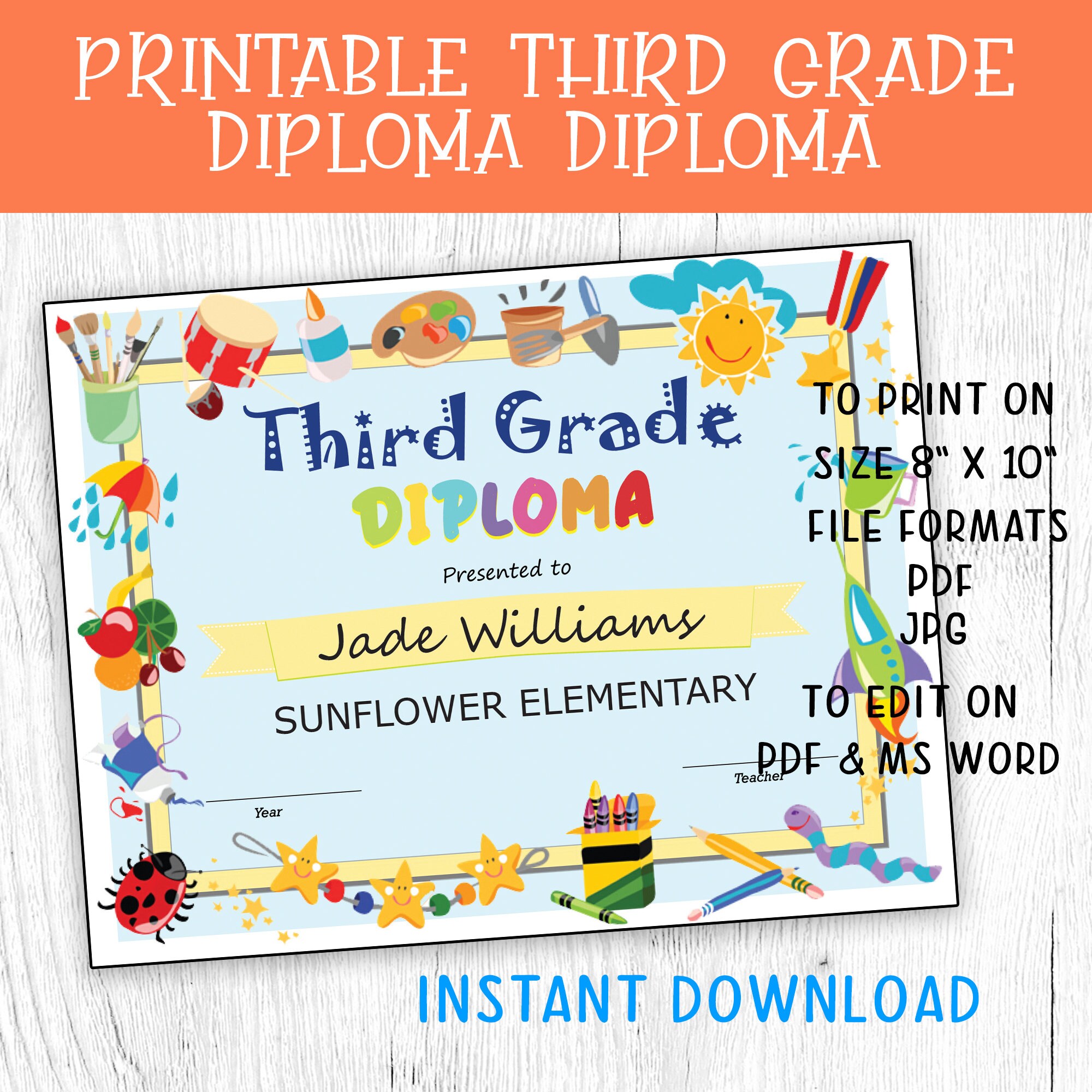 Third Grade Diploma Printable &amp; Editable DIY Certificate Diploma ...