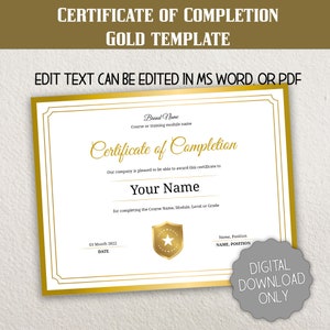 Certificate of Completion Gold, Editable Certificate Template, Achievement, Award, Recognition, DIGITAL INSTANT DOWNLOAD