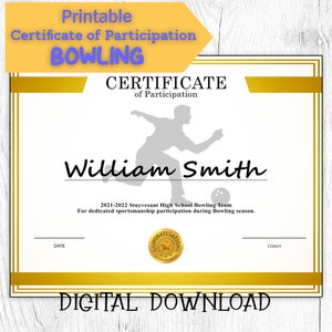 DIY bearbeitbare und druckbare Sportzertifikat Vorlage Bowling, Participation Award, personalisiertes Diplom Sport Award