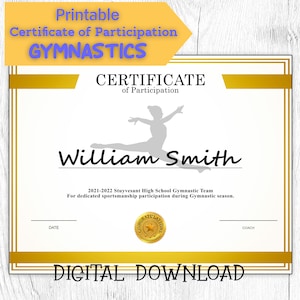 DIY bearbeitbare und druckbare Sportzertifikat Vorlage Gymnastics, Participation Award, personalisiertes Diplom Sports Award