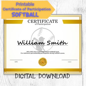 DIY Editable and Printable Sports Certificate Template Softball, Participation Award, Personalized Diploma Sports Award