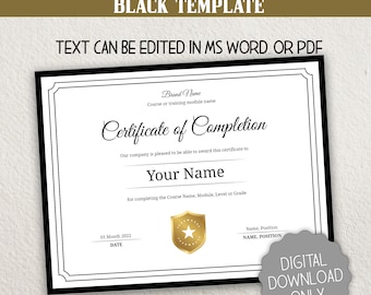 Certificate of Completion Black, Editable Certificate Template, Achievement, Award, Recognition, DIGITAL INSTANT DOWNLOAD