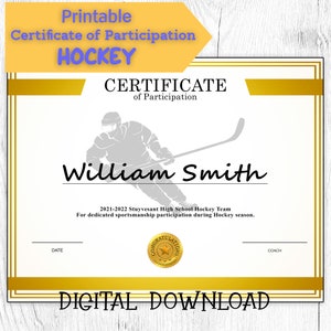 DIY bearbeitbare und druckbare Sportzertifikatvorlage Hockey, Partizipationspreis, personalisierter Diplomsportpreis