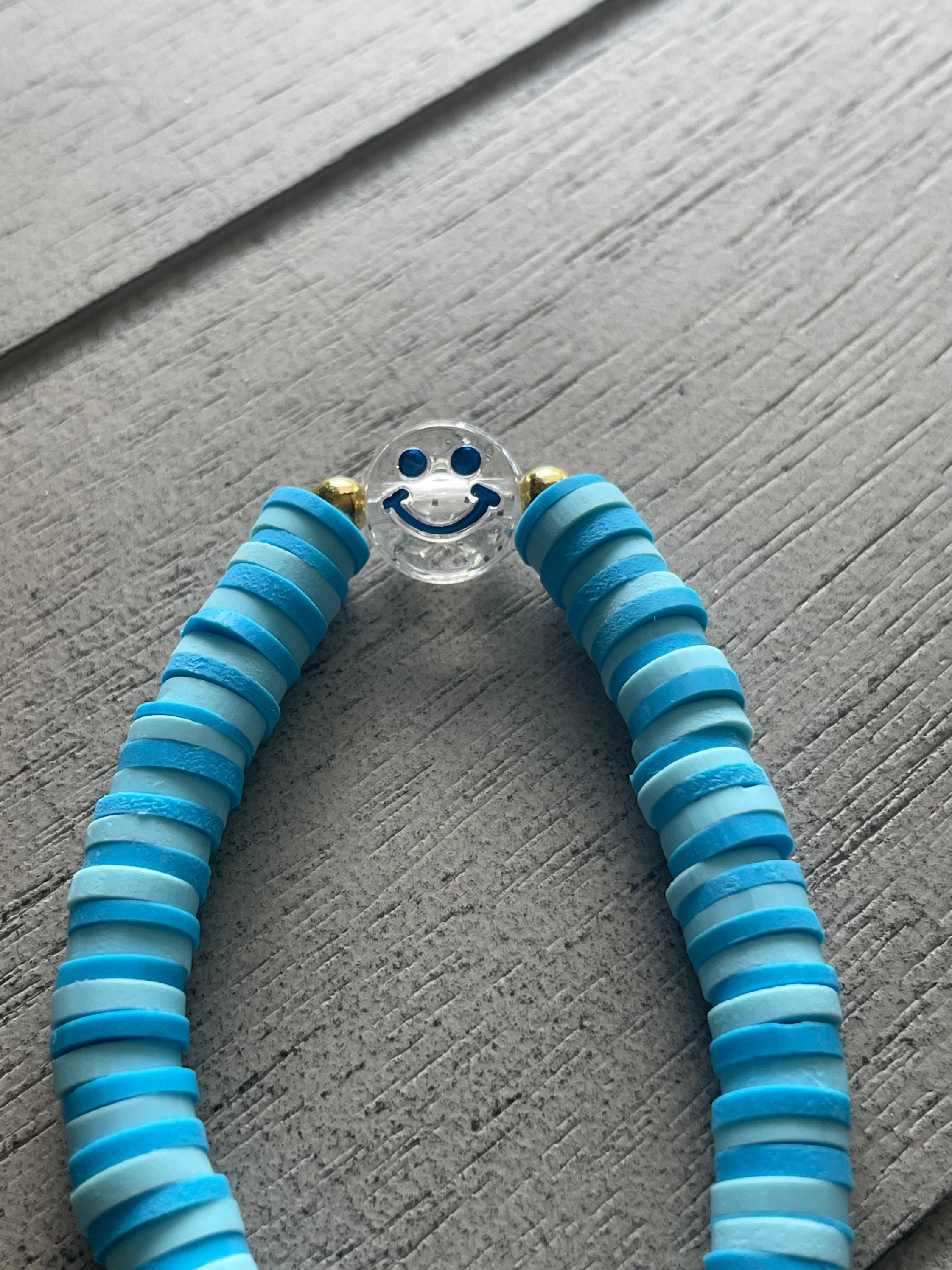 Clay Bead Bracelet Shades of Blue With Smiley Face | Etsy