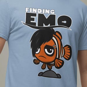 Finding Emo Funny Parody Pun Graphic T Shirt, Grumpy Clownfish Cartoon Tee, Novelty Humour Blue Top, Alternative Subculture Birthday Gift