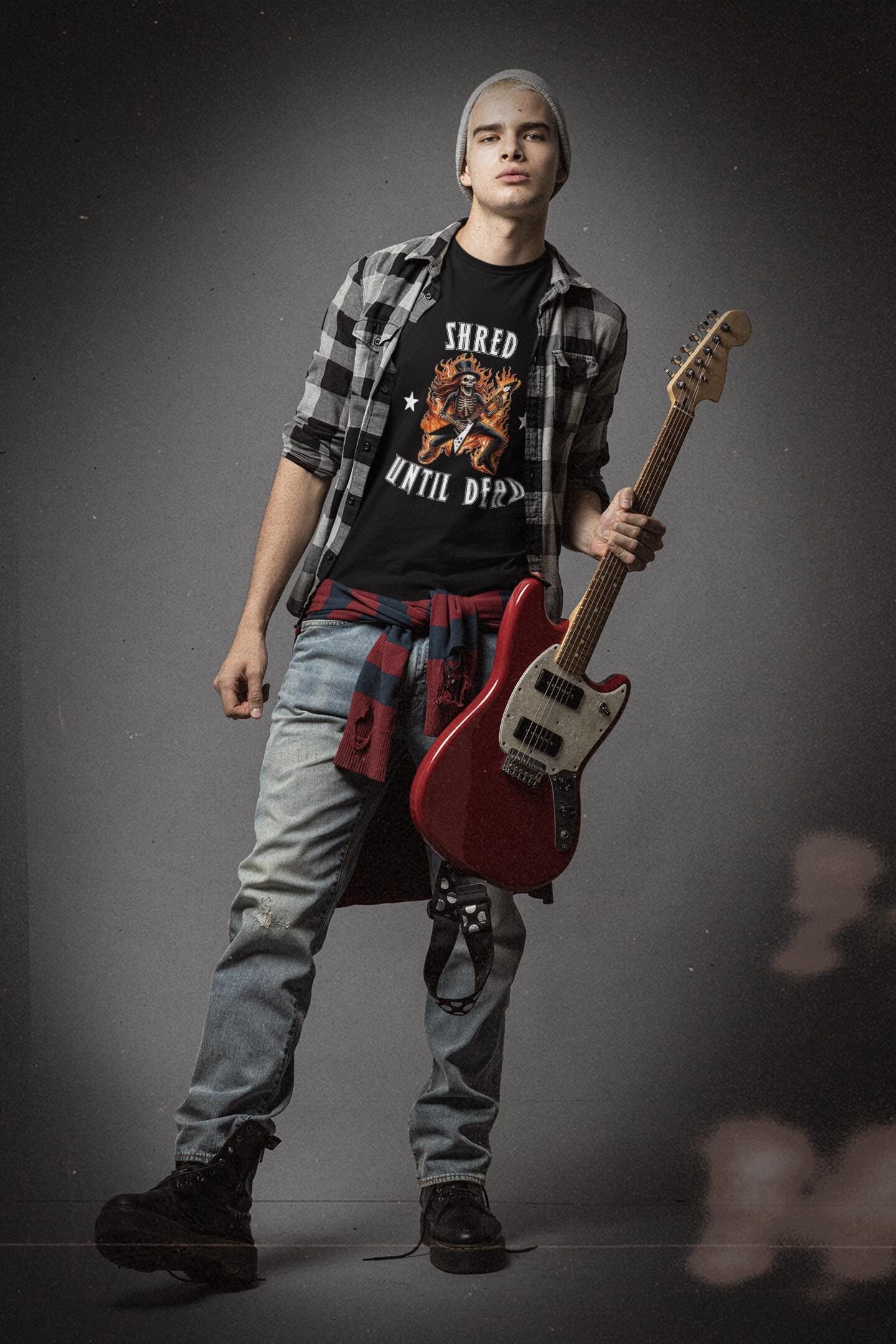 Flaming Skeleton Guitarist T-Shirt: 'Shred Until Dead' Graphic Tee