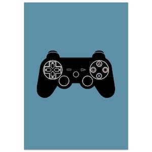 May include: A black video game controller with white button details is centered on a blue background. The controller features a directional pad, action buttons, and other control elements. The design is simple and modern.