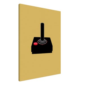 May include: A black and grey joystick with a red button on a yellow background.