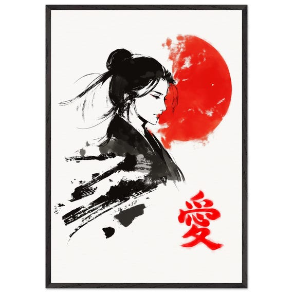 日本女性の墨絵アートプリント：日の出、愛の漢字、額入りポスター