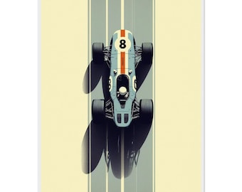 Stampa incorniciata di un'auto da corsa di Formula 1 degli anni '60: arte murale retrò dedicata agli sport motoristici