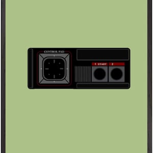 May include: A framed print featuring a black control pad design with the text "CONTROL PAD". The pad has a central square with directional arrows, buttons labeled "1 START 2", and a series of horizontal lines. The background is a light green color.