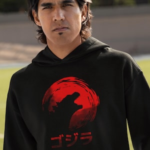 Godzilla Hoodie, Kaiju Hoodie, Dramatic Red Sun Design, Soft Cotton-Polyester Blend, Eye-Catching Japanese Text, Manga, Japanese Monster