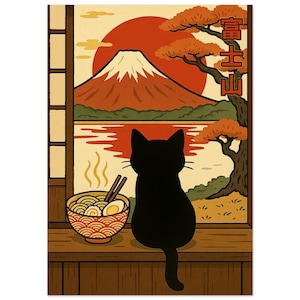 Mount Fuji Cat Poster: Japanese Ramen Art Print