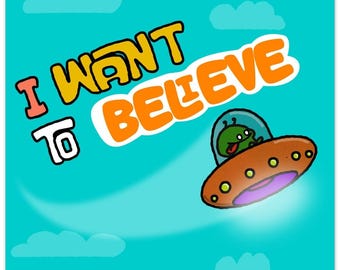 Cartoon Alien UFO Poster: Whimsical UAP Art Print