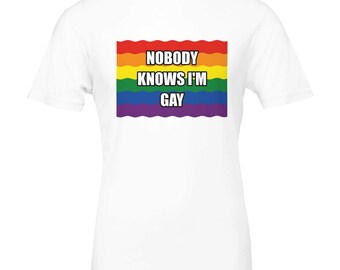 Nobody Knows I'm Gay Rainbow Pride T-Shirt, Sarcastic LGBTQIA+ Graphic Top