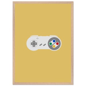 May include: A white and grey Super Nintendo Entertainment System controller with a yellow background. The controller has a directional pad, four face buttons, and two shoulder buttons.