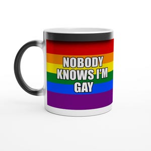 Niemand weet dat ik homo ben Ironisch grappige Rainbow Pride magische mok, kleurveranderende hittegevoelige LGBTQ-sloganbeker, grappige queer humor verjaardagscadeau