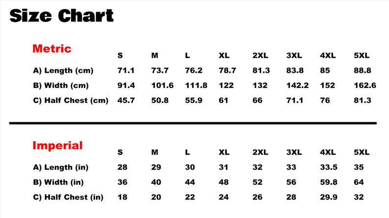 May include: Size chart for clothing in both metric and imperial measurements. The chart shows measurements for length, width, and half chest in centimeters and inches for sizes S through 5XL.