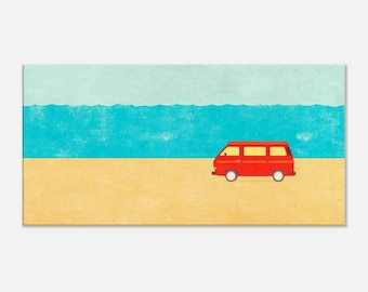 Red VW Camper Van Beach Canvas Print: Retro Coastal Art