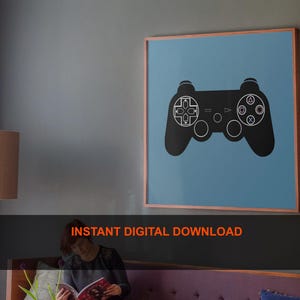 May include: A black and white illustration of a video game controller on a light blue background. The controller has a simple design with a directional pad, four buttons, and two analog sticks.