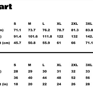 May include: A size chart with measurements for clothing, showing sizes S to 5XL. Metric measurements are in centimeters: length from 71.1 cm to 88.8 cm, width from 91.4 cm to 162.6 cm, and half chest from 45.7 cm to 81.3 cm. Imperial measurements are in inches.