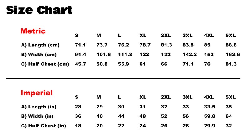 May include: A size chart with measurements for clothing, showing sizes S to 5XL. Metric measurements are in centimeters: length from 71.1 cm to 88.8 cm, width from 91.4 cm to 162.6 cm, and half chest from 45.7 cm to 81.3 cm. Imperial measurements are in inches.