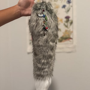 Realistic Gray Faux Fur Ethical Therian Quadrobics Tail with Charms