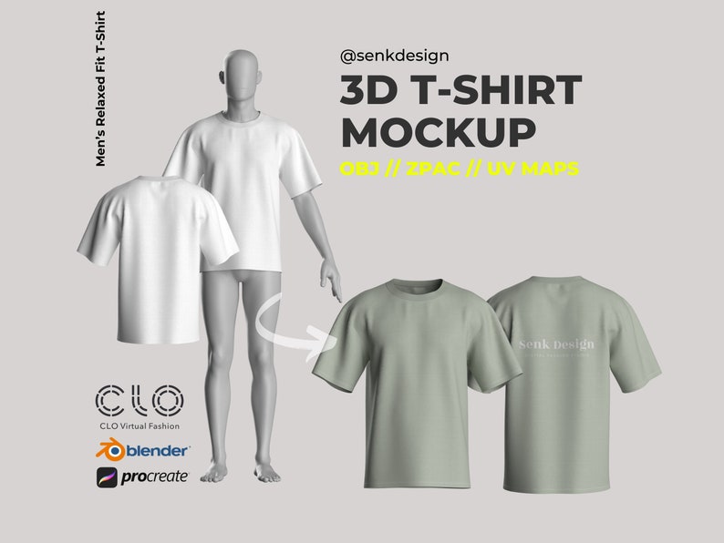 May include: A 3D mockup of a relaxed fit t-shirt. The t-shirt is shown in white and a light green color. The mockup is labeled "3D T-Shirt Mockup" and "OB3 // ZPAC // UV MAPS".