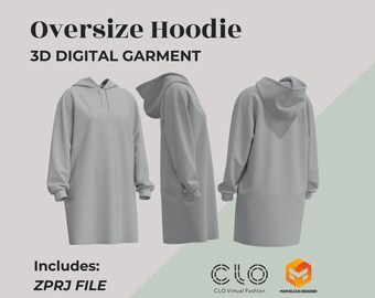 May include: A gray oversized hoodie with a drawstring hood. The hoodie is shown in three different views. The text "Oversize Hoodie" and "3D DIGITAL GARMENT" is displayed above the image. The text "Includes: ZPRJ FILE" is displayed below the image. The logos for CLO Virtual Fashion and Marvelous Designer are displayed below the text.